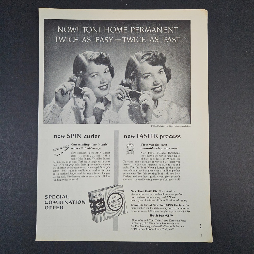 1949 Toni‎ Home Permanent Spin Curlers Vintage Print Ad Katherine Ring Twins